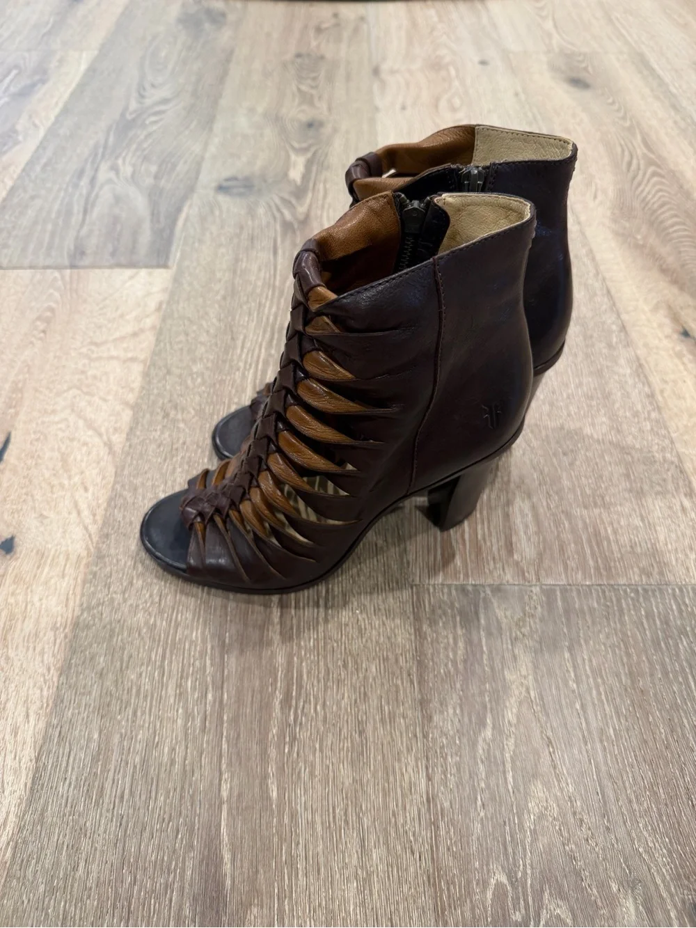 Frye Dark Brown Leather Strappy Peep-Toe Heels
